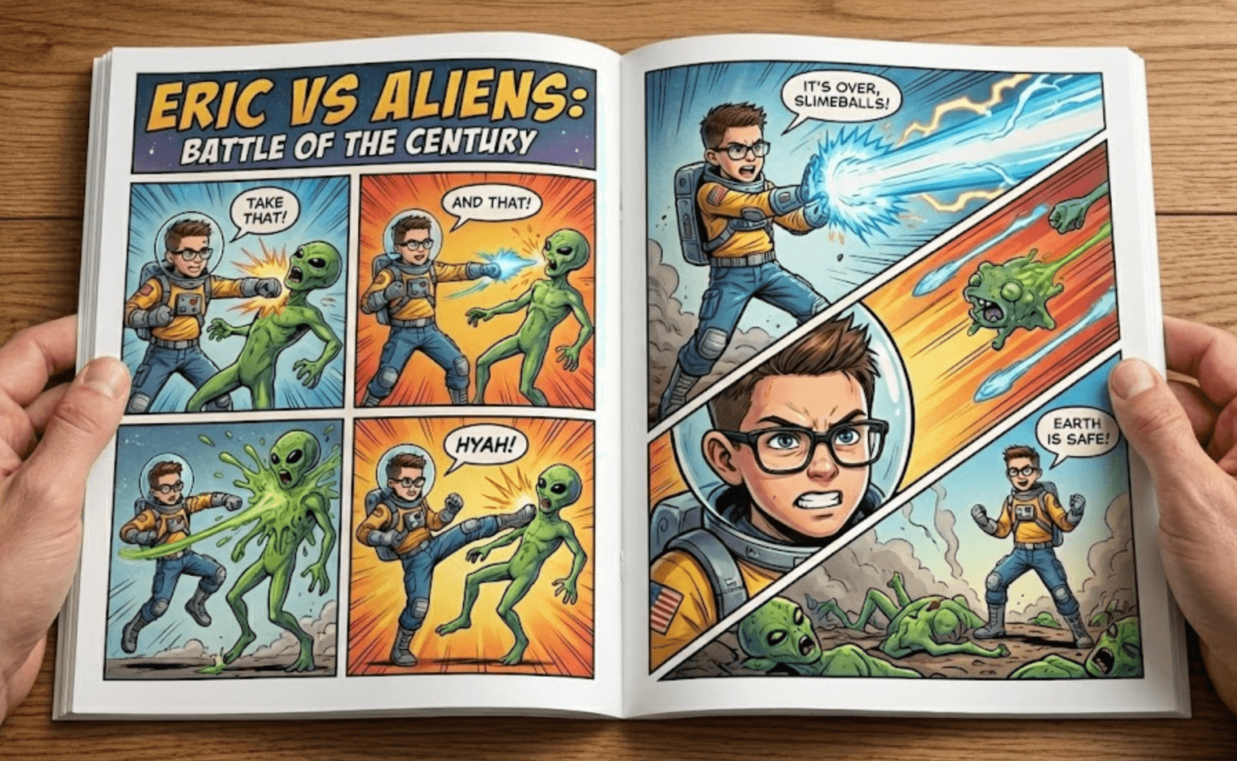 Inside pages of a personalized comic book showing detailed panels