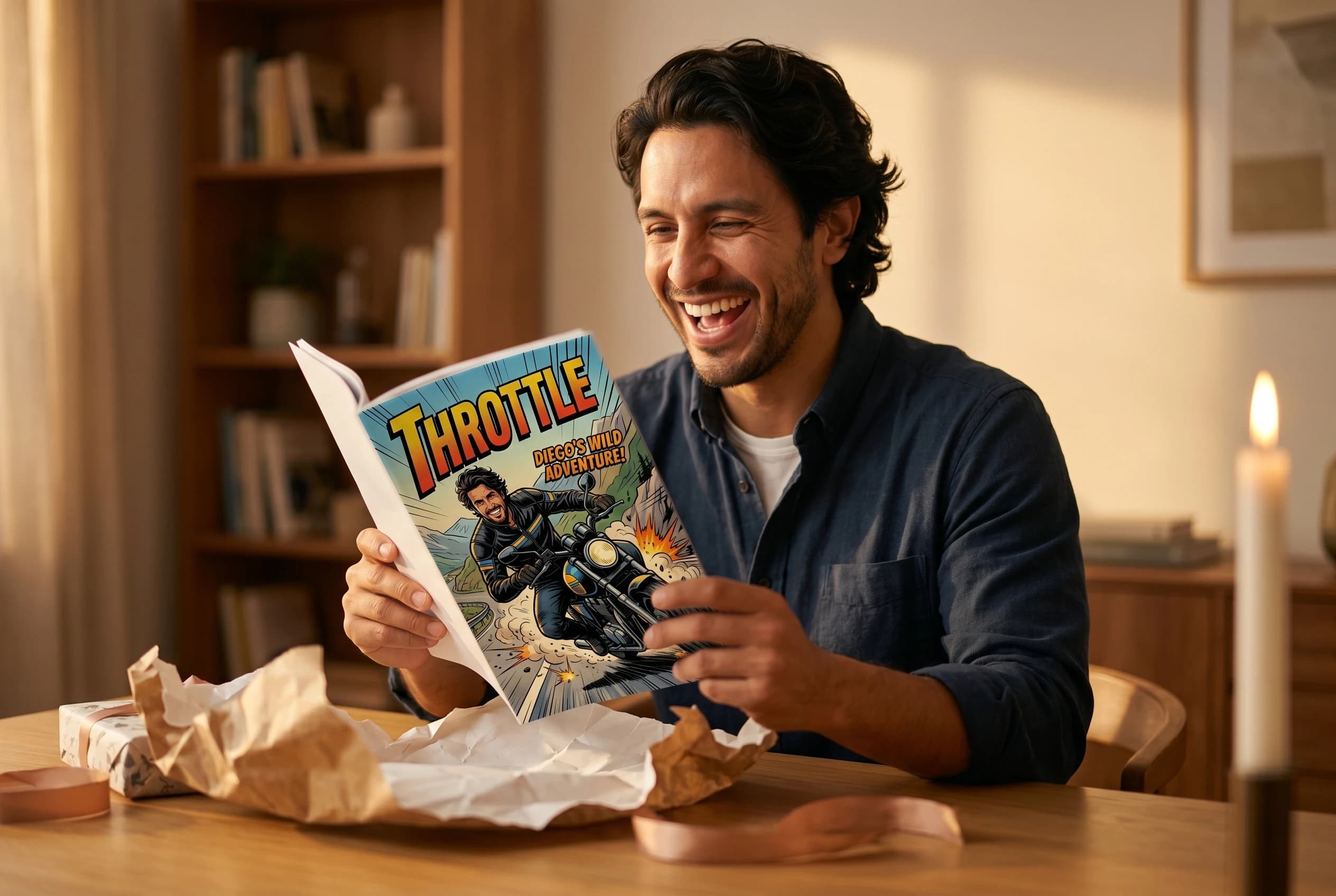 A man delighted with his personalized comic book