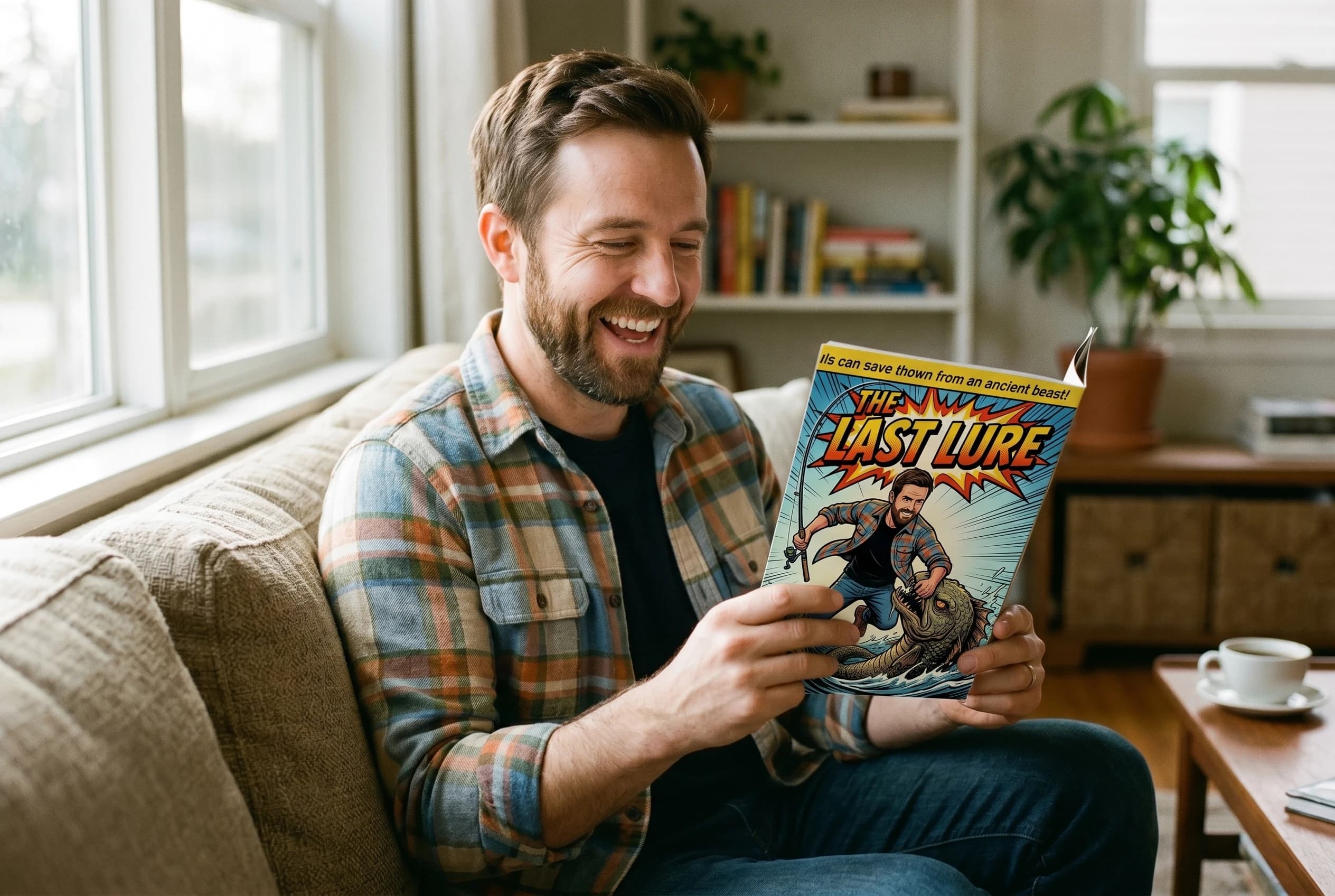 A man delighted with his personalized comic book