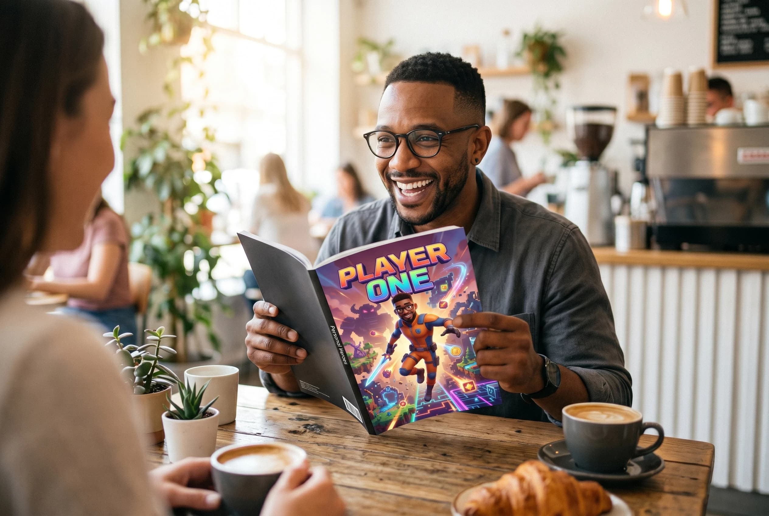 A man delighted with his personalized comic book